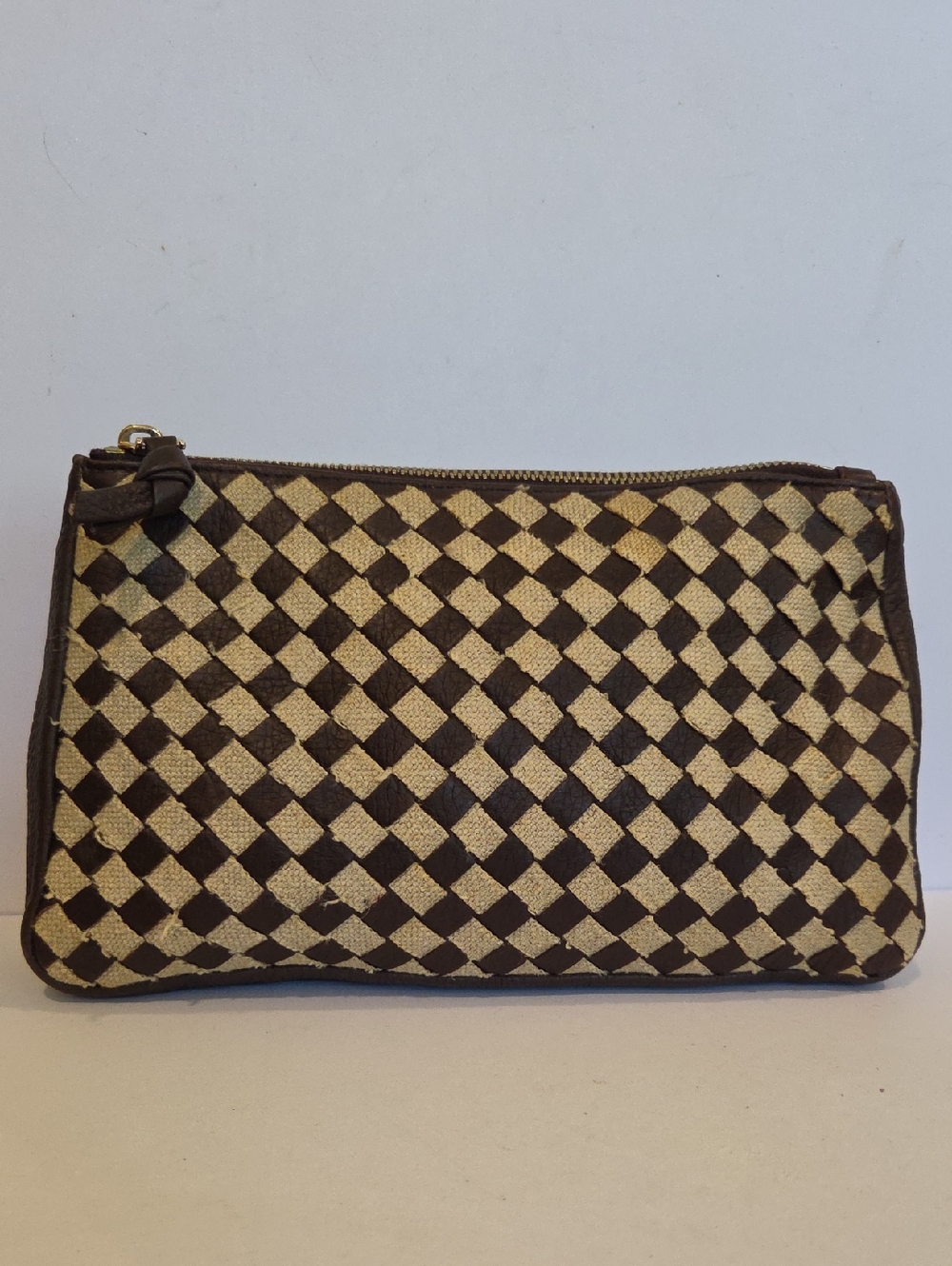 Bottega Veneta Woven Checkered Pouch - Brown & Cream